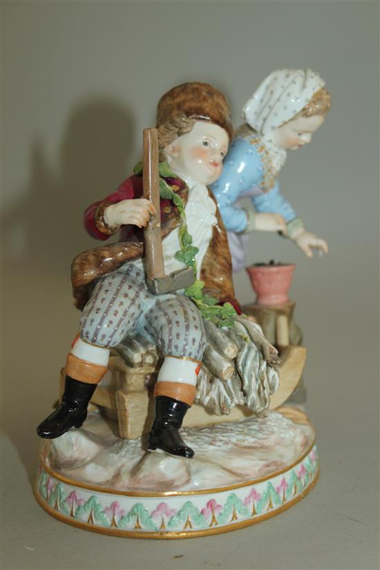 A Meissen group emblematic of winter, late 19th century, 14cm, some damage